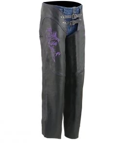 Milwaukee Leather ML1187 Ladies Black And Purple Leather Chaps With Reflective Tribal Embroidery
