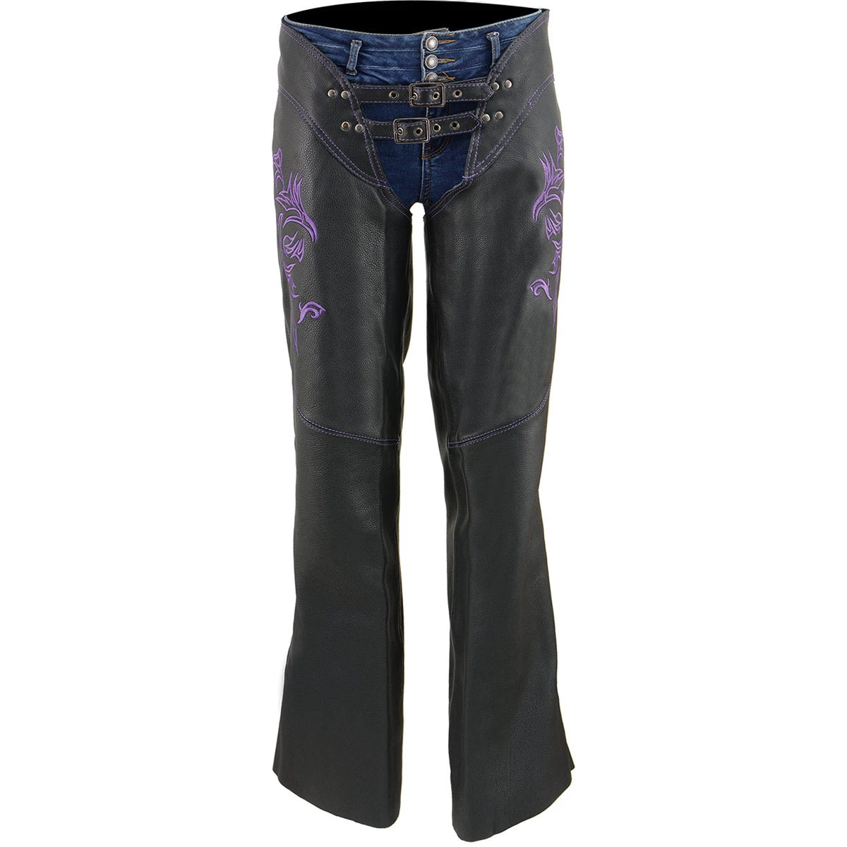 Milwaukee Leather ML1187 Ladies Black And Purple Leather Chaps With Reflective Tribal Embroidery
