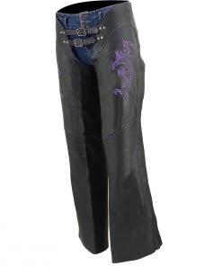 Milwaukee Leather ML1187 Ladies Black And Purple Leather Chaps With Reflective Tribal Embroidery