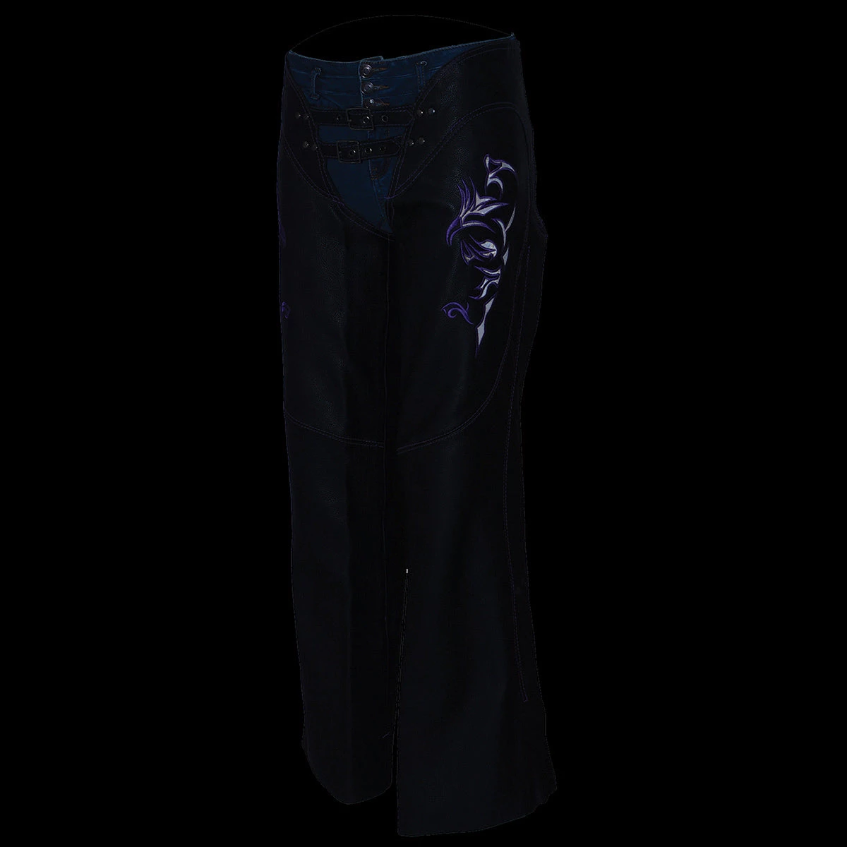 Milwaukee Leather ML1187 Ladies Black And Purple Leather Chaps With Reflective Tribal Embroidery