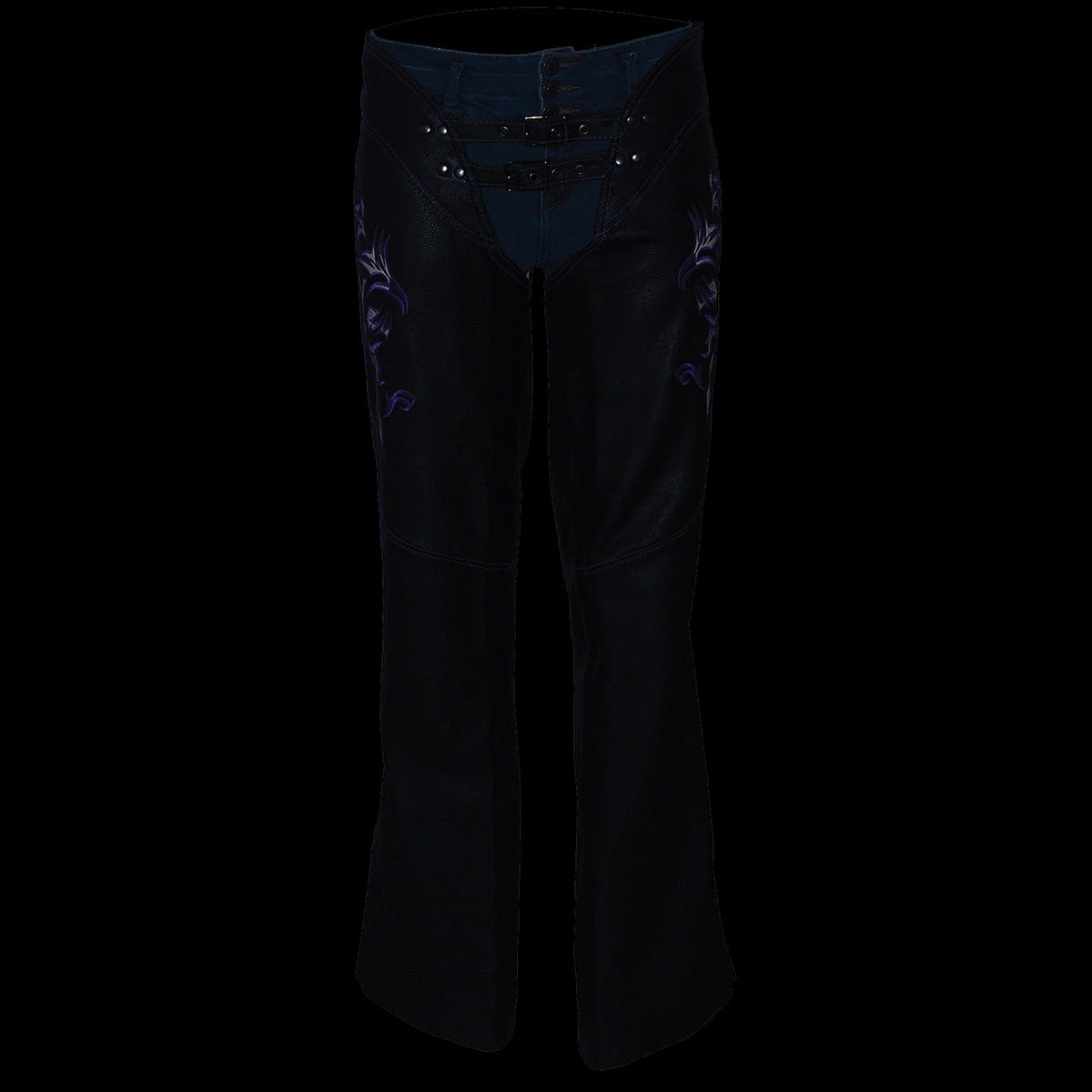 Milwaukee Leather ML1187 Ladies Black And Purple Leather Chaps With Reflective Tribal Embroidery