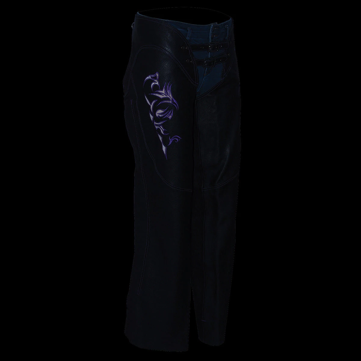 Milwaukee Leather ML1187 Ladies Black And Purple Leather Chaps With Reflective Tribal Embroidery