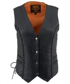 Milwaukee Leather ML1255 Ladies Black Braided Leather Vest With Side Laces