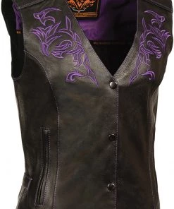 Milwaukee Leather ML1293 Women's Black And Purple ‘Wing Studded’ Leather Vest Motorcycle Vests