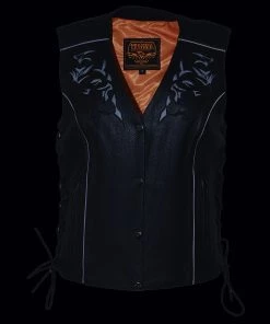 Motorcycle Vests Milwaukee Leather ML1296 Women's Black Leather Vest With Reflective Tribal Design
