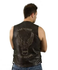 Genuine Leather ML1346RT Men's 'Live To Ride, Ride To Live Eagle Emboss' Brown Leather Vest Motorcycle Vests