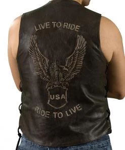 Genuine Leather ML1346RT Men's 'Live To Ride, Ride To Live Eagle Emboss' Brown Leather Vest Motorcycle Vests