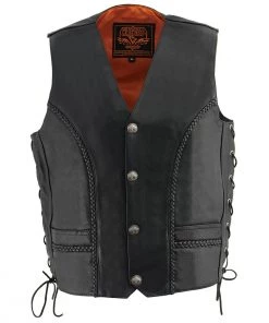 Milwaukee Leather ML1359 Men's'Buffalo Coin' Black Braided Leather Vest With Side Laces