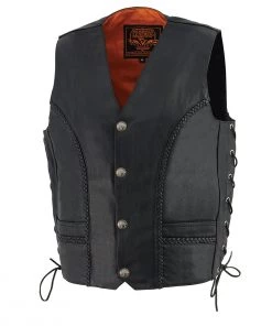 Milwaukee Leather ML1359 Men's'Buffalo Coin' Black Braided Leather Vest With Side Laces