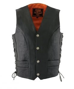 Milwaukee Leather ML1369 Men's Black Premium Leather Side Lace Vest With Buffalo Snaps