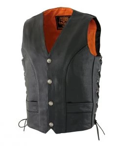 Milwaukee Leather ML1369 Men's Black Premium Leather Side Lace Vest With Buffalo Snaps