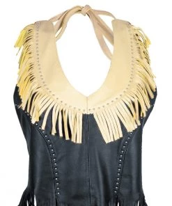 Genuine Leather ML1898 Ladies ‘Fringed’ Two Tone Black And Beige Leather Halter Top