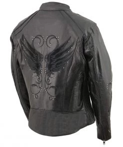 Milwaukee Leather X1952 Ladies Embroidered Wing And Stud Design Black Leather Scooter Jacket Leather Motorcycle Jackets