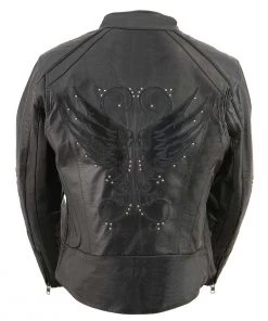 Milwaukee Leather ML1952 Ladies Embroidered Wing And Stud Design Black Leather Scooter Jacket Leather Motorcycle Jackets