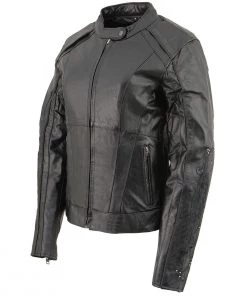 Milwaukee Leather X1952 Ladies Embroidered Wing And Stud Design Black Leather Scooter Jacket Leather Motorcycle Jackets