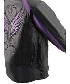 Milwaukee Leather X1952 Ladies Black And Purple Embroidered And Stud Design Jacket Leather Motorcycle Jackets