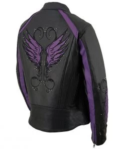 Milwaukee Leather X1952 Ladies Black And Purple Embroidered And Stud Design Jacket Leather Motorcycle Jackets