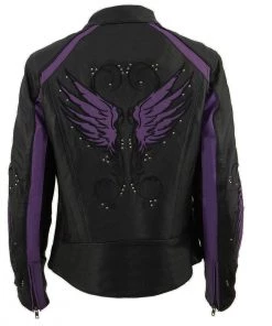 Milwaukee Leather X1952 Ladies Black And Purple Embroidered And Stud Design Jacket Leather Motorcycle Jackets