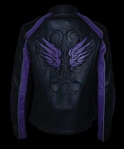 Milwaukee Leather X1952 Ladies Black And Purple Embroidered And Stud Design Jacket Leather Motorcycle Jackets