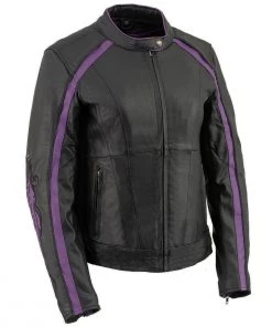 Milwaukee Leather X1952 Ladies Black And Purple Embroidered And Stud Design Jacket Leather Motorcycle Jackets