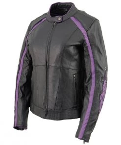 Milwaukee Leather ML1952 Ladies Black And Purple Embroidered And Stud Design Jacket
