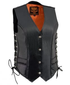 Motorcycle Vests Milwaukee Leather ML2042 Ladies Classic Black Leather Vest With Thin Braid Design