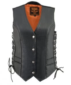 Motorcycle Vests Milwaukee Leather ML2042 Ladies Classic Black Leather Vest With Thin Braid Design