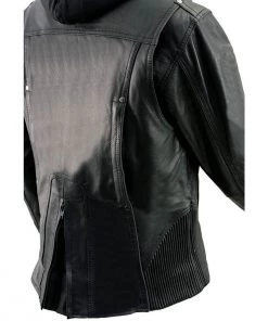 Milwaukee Leather ML2066 Women's 3/4 Black Leather Hoodie Jacket With Reflective Tribal Design Leather Motorcycle Jackets