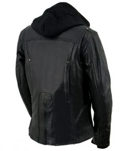 Milwaukee Leather ML2066 Women's 3/4 Black Leather Hoodie Jacket With Reflective Tribal Design Leather Motorcycle Jackets