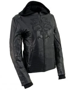 Milwaukee Leather ML2066 Women's 3/4 Black Leather Hoodie Jacket With Reflective Tribal Design Leather Motorcycle Jackets