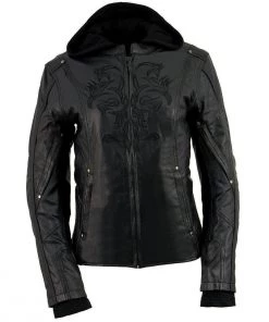 Milwaukee Leather ML2066 Women's 3/4 Black Leather Hoodie Jacket With Reflective Tribal Design Leather Motorcycle Jackets