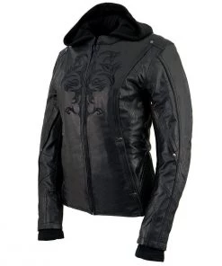 Milwaukee Leather ML2066 Women's 3/4 Black Leather Hoodie Jacket With Reflective Tribal Design Leather Motorcycle Jackets