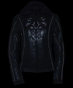 Milwaukee Leather ML2066 Women's 3/4 Black Leather Hoodie Jacket With Reflective Tribal Design Leather Motorcycle Jackets