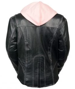 Leather Motorcycle Jackets Milwaukee Leather ML2066 Women's Reflective Tribal 3/4 Length Black/Pink Leather Jacket With Hoodie