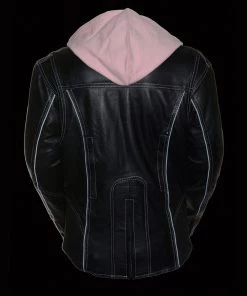 Leather Motorcycle Jackets Milwaukee Leather ML2066 Women's Reflective Tribal 3/4 Length Black/Pink Leather Jacket With Hoodie