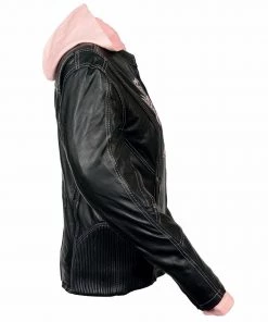 Leather Motorcycle Jackets Milwaukee Leather ML2066 Women's Reflective Tribal 3/4 Length Black/Pink Leather Jacket With Hoodie