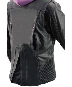 Milwaukee Leather ML2067 Women's 3/4 Black And Purple Leather Hoodie Jacket With Reflective Tribal Design Leather Motorcycle Jackets