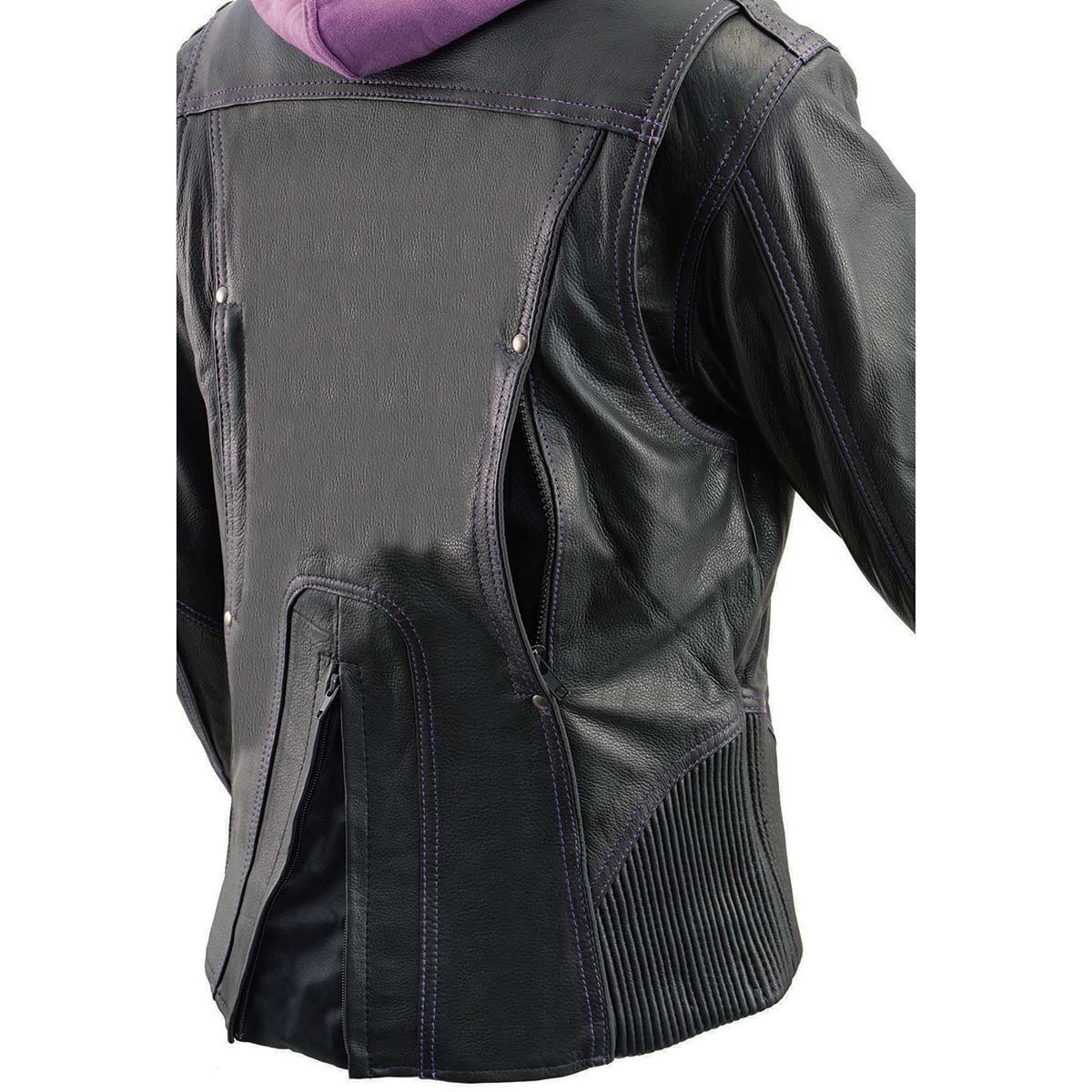 Milwaukee Leather ML2067 Women's 3/4 Black And Purple Leather Hoodie Jacket With Reflective Tribal Design Leather Motorcycle Jackets