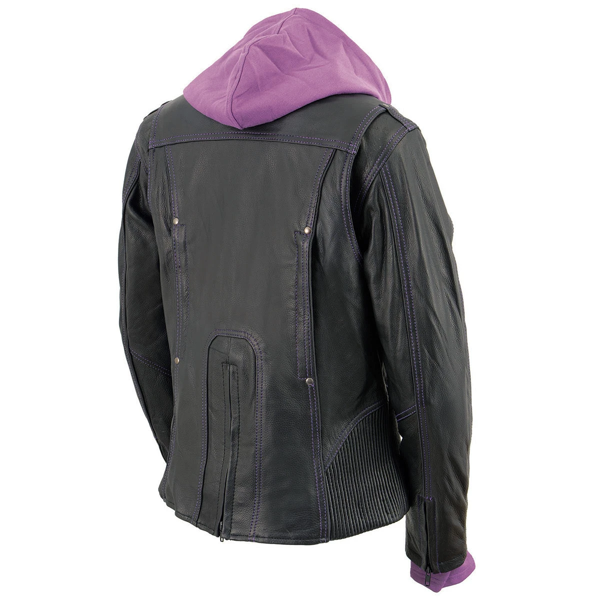Milwaukee Leather ML2067 Women's 3/4 Black And Purple Leather Hoodie Jacket With Reflective Tribal Design Leather Motorcycle Jackets