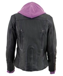 Milwaukee Leather ML2067 Women's 3/4 Black And Purple Leather Hoodie Jacket With Reflective Tribal Design Leather Motorcycle Jackets