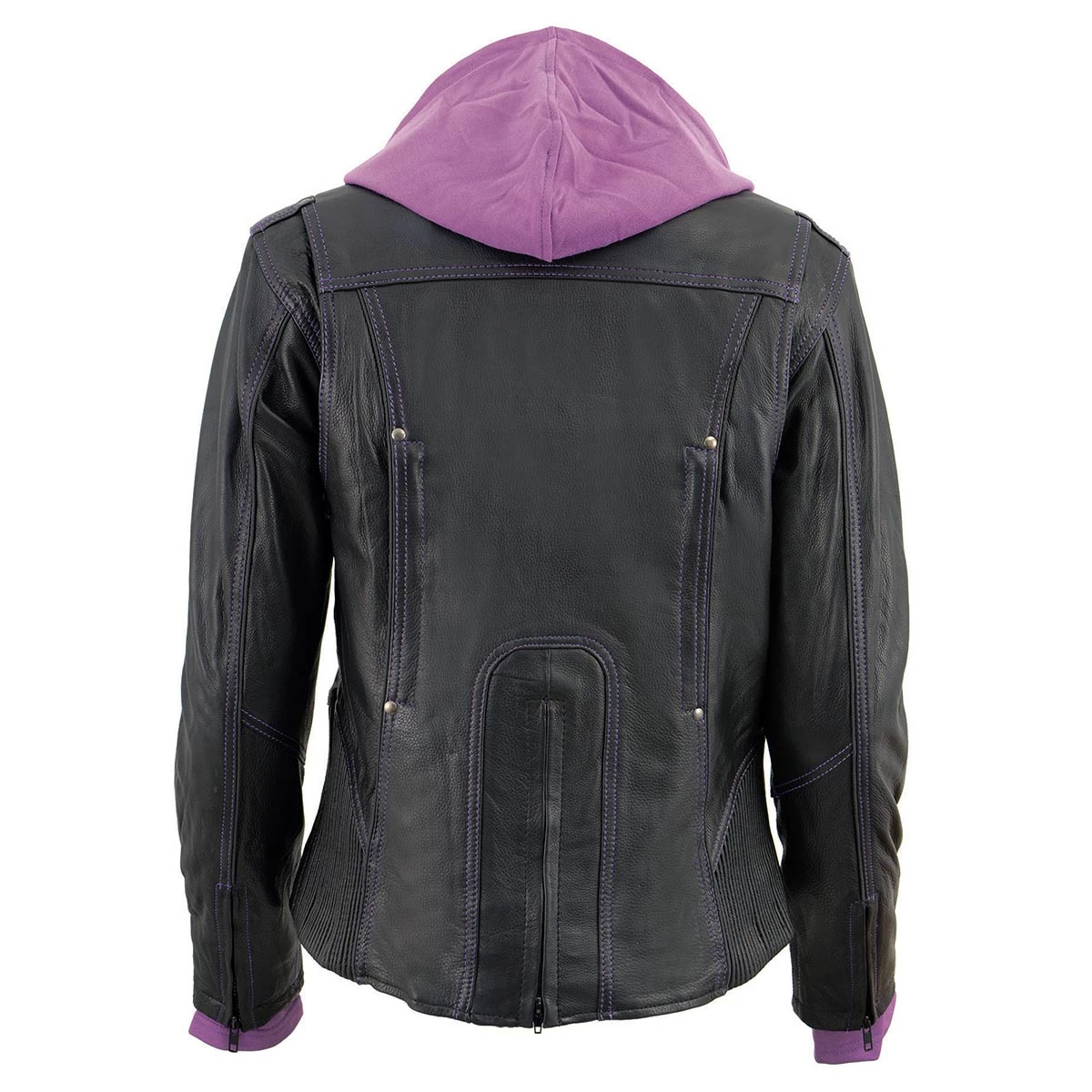 Milwaukee Leather ML2067 Women's 3/4 Black And Purple Leather Hoodie Jacket With Reflective Tribal Design Leather Motorcycle Jackets