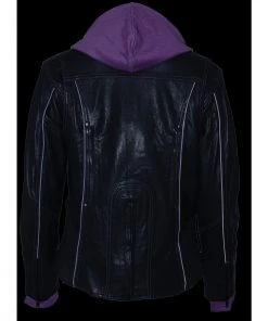 Milwaukee Leather ML2067 Women's 3/4 Black And Purple Leather Hoodie Jacket With Reflective Tribal Design Leather Motorcycle Jackets