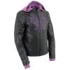 Milwaukee Leather ML2067 Women's 3/4 Black And Purple Leather Hoodie Jacket With Reflective Tribal Design Leather Motorcycle Jackets
