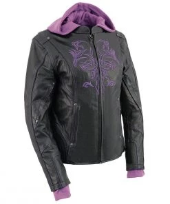 Milwaukee Leather ML2067 Women's 3/4 Black And Purple Leather Hoodie Jacket With Reflective Tribal Design Leather Motorcycle Jackets