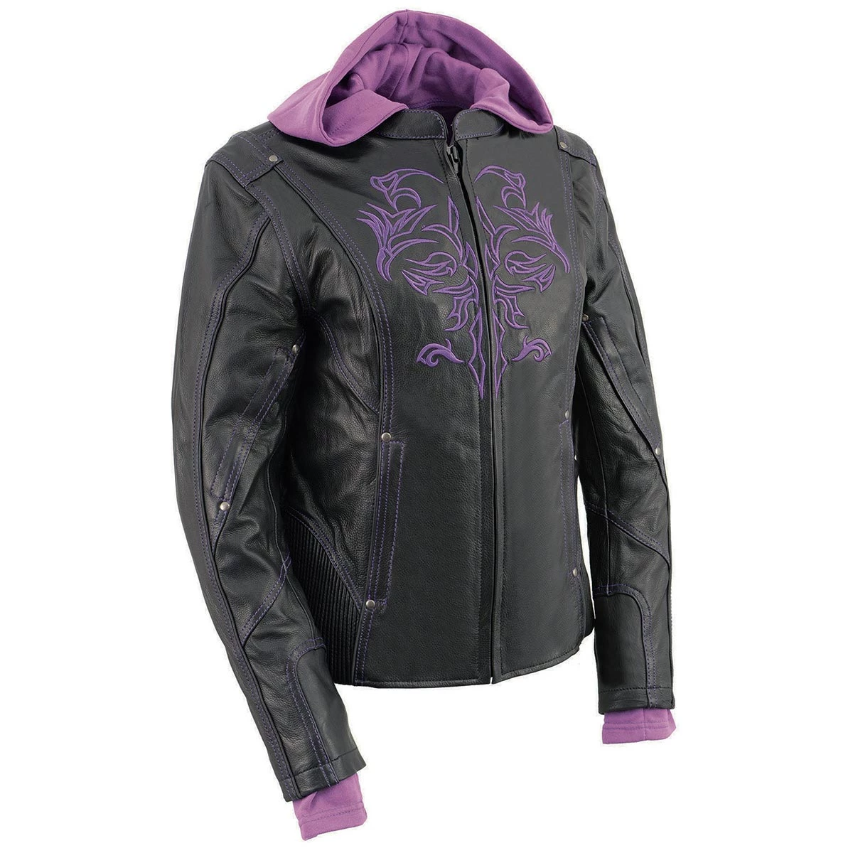 Milwaukee Leather ML2067 Women's 3/4 Black And Purple Leather Hoodie Jacket With Reflective Tribal Design Leather Motorcycle Jackets