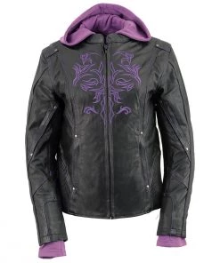 Milwaukee Leather ML2067 Women's 3/4 Black And Purple Leather Hoodie Jacket With Reflective Tribal Design Leather Motorcycle Jackets