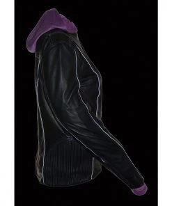 Milwaukee Leather ML2067 Women's 3/4 Black And Purple Leather Hoodie Jacket With Reflective Tribal Design Leather Motorcycle Jackets