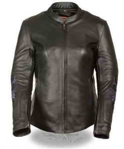 Leather Motorcycle Jackets Milwaukee Leather ML2071 Women's Black Leather Jacket With Purple Butterfly Design