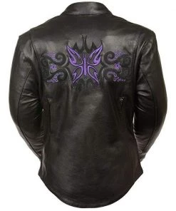 Leather Motorcycle Jackets Milwaukee Leather ML2071 Women's Black Leather Jacket With Purple Butterfly Design