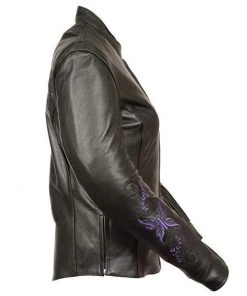 Leather Motorcycle Jackets Milwaukee Leather ML2071 Women's Black Leather Jacket With Purple Butterfly Design